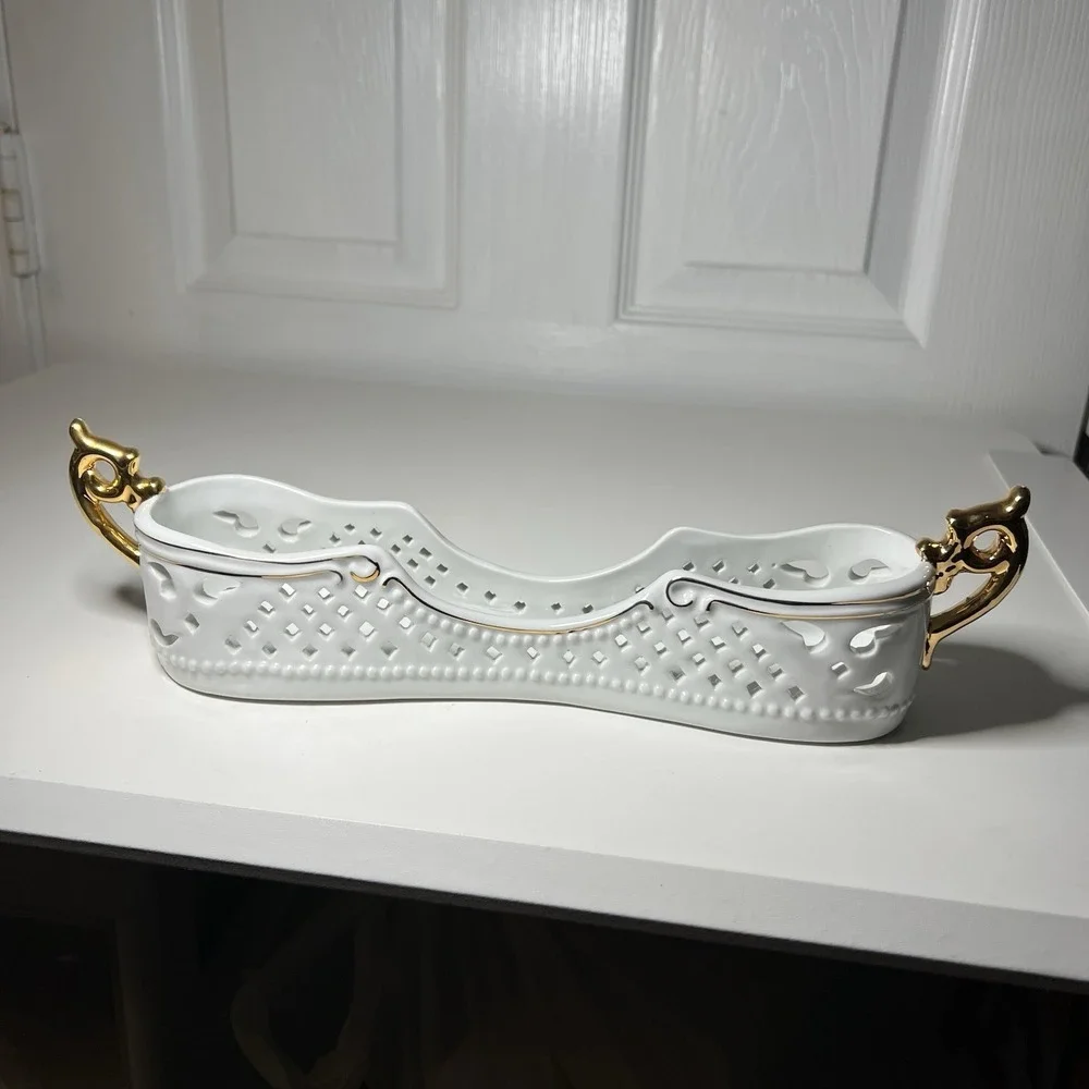Museum ReCreations Porcelain Flatware Caddy‎ Silverware 24kt Gold Trim 10.75